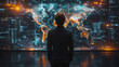 The investor stands in front of a holographic world map depicting different global economies. With a flick of their hand holographic graphics appear to illustrate the potential
