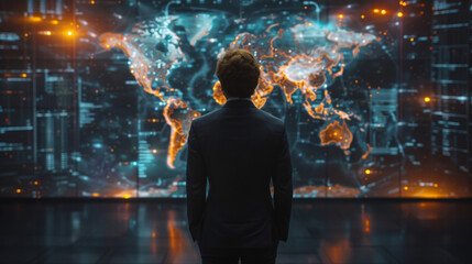 Sticker - The investor stands in front of a holographic world map depicting different global economies. With a flick of their hand holographic graphics appear to illustrate the potential