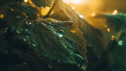 Aufkleber - An amazingly beautiful macro image of water or dew drops on a green leaf of a plant with sunlight reflected in a large drop in nature : Generative AI