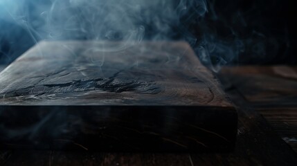 Poster - Old wood table top with smoke in the dark background : Generative AI
