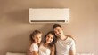 © Generative AI - Happy family resting under air conditioner on beige wall at home : Generative AI