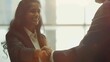 © Generative AI - Greetings you are hired Happy young indian female successful job seeker shake hand of male hr manager being accepted on vacant place Diverse business partners handshake close deal come : Generative AI