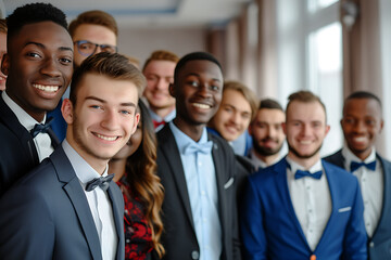 Wall Mural - portrait of a group of smiling young businessmen wearing suit, confident men looking at camera