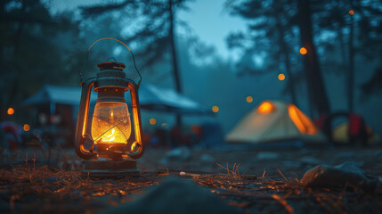 Wall Mural - A burning lantern on the ground in a campsite at night