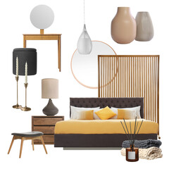 Sticker - Stylish bedroom interior with different decorative elements and furniture on white background. Mood board collage