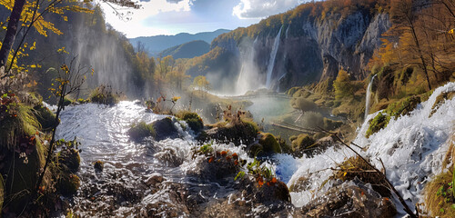 Wall Mural - Autumn Waterfall Landscape with Sunlit Mist and Forest Foliage




