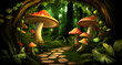 several mushrooms sit in the grass beside a pathway
