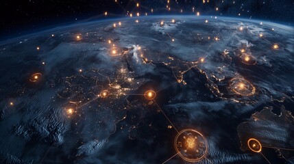 Wall Mural - globe from space, with major trade routes highlighted and interconnected with glowing gears.