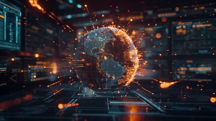  Globe with dynamic trade routes illuminated between continents, showcasing the movement of goods and digital currencies. 