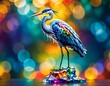 crystal heron bird statuette on colorful fantasy background with bokeh. Generative AI