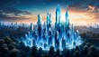 futuristic skyscrapers city made of crystals in the midst colorful forest. Generative AI