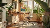 Fototapeta Natura -  Focusing on the ergonomics of a home office, featuring an adjustable standing desk, an ergonomic chair, and a monitor at eye level.