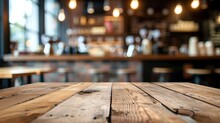 Empty Beautiful Wood Table Top Counter And Blur Bokeh Modern Coffee Interior Background In Clean And Bright,Banner, Ready For Product Montage - Generative Ai