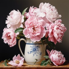 Sticker - Bouquet of pink peonies in a ceramic white vase on a wooden table