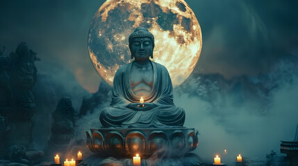 Buddha with moon on the background. Vesak Day