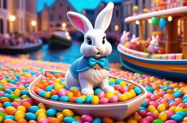 Wall Mural - Easter bunny on a boat in a sea of candy 