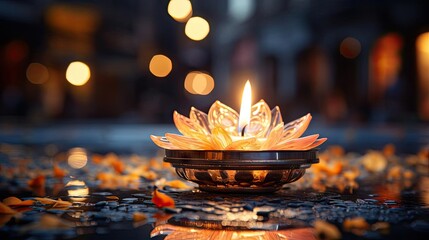 Wall Mural - happy diwali background with burning candles, dark and blurred background