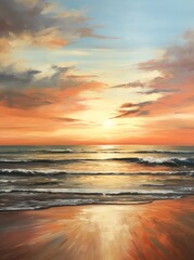 Wall Mural - A detailed painting capturing the vibrant colors of a sunset over the ocean, with the sun setting on the horizon and reflecting on the water.