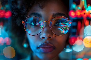 Close up eyes African-American businesswoman with afro hairstyle wearing glasses having number and graph stock market data reflection multi color light
