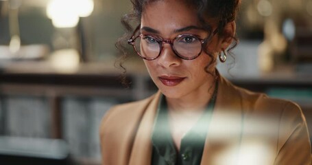 Poster - Businesswoman, night and computer for networking or email, reading report and working overtime. Female person, planning and research on internet for proposal, website and info for deadline on tech