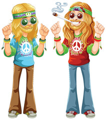 Wall Mural - Two cartoon hippies with peace symbols and sunglasses.