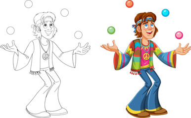 Wall Mural - Cartoon hippie character juggling balls, before and after coloring.