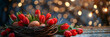  A festive border for a basket of Easter eggs sits on a table with red tulip flower and a festive celebration golden blur lights in the background.  bird nest with  eggs and flower  