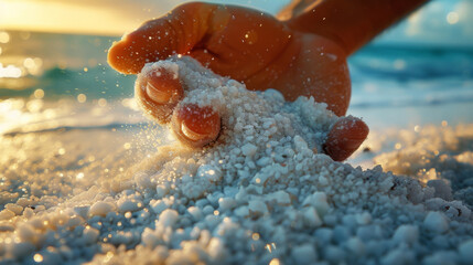 Wall Mural - closeup of a hand scooping up soft powdery sand.