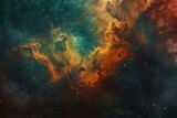 Fototapeta Kosmos - A vivid and fantastical depiction of a nebula with bright colors and dynamic cloud formations against a starry sky.