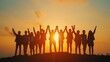 © ChimE - Silhouette of a jubilant business team on a summit at sunset. Ai Generated.