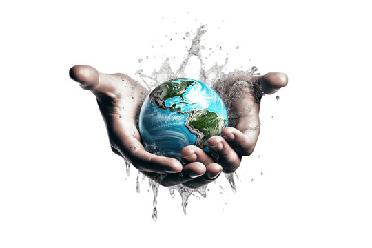 A Hand hold water splash with earth, Isolated on transparent PNG background, Generative ai