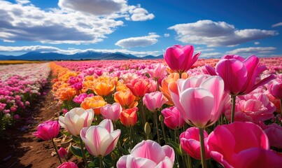 Wall Mural - closeup landscape of tulip fields, beautiful colors under the blue sky