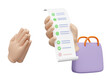 © sirawut - 3d hand holding bill receipt paper with shopping bag, pay respects and thank you isolated. invoice, electronic bill concept, 3d render illustration