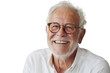 Smiling Senior Man with Glasses and White Shirt.A smiling elderly man with stylish glasses and a white shirt, enjoying a light-hearted moment, with a warm and welcoming expression.

