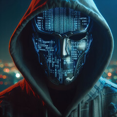 Wall Mural - Anonymous hacker with hood with programming codes and symbols, hacking computer system