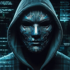 Wall Mural - Anonymous hacker with hood with programming codes and symbols, hacking computer system