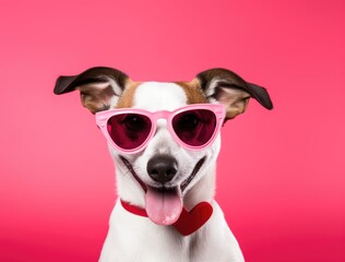 Wall Mural - A dog wearing sunglasses on a pink background. Generative AI.