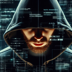 Wall Mural - Anonymous hacker with hood with programming codes and symbols, hacking computer system