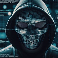 Wall Mural - Anonymous hacker with hood with programming codes and symbols, hacking computer system