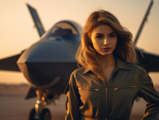 Canvas Print - Beautiful woman in military uniform standing in front of fighter jet. Generative AI.