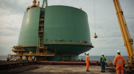 Poster - Workers standing next to a large green tank. Generative AI.