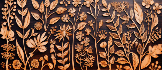 Wall Mural - floral foliage on wooden engraving pyrography