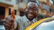 African American businessman showing thumb up while on expensive ca, New car, Car insurance concept.