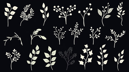 Wall Mural - This elegant collection of hand-drawn botanical elements includes various types of leaves, flowers and plants in detailed