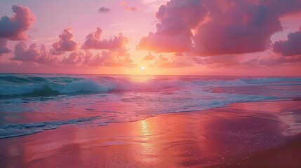 Wall Mural - Capture the serene beauty of a beach sunrise, where the first rays of light paint the sky in hues of pink and orange