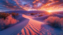 Capture The Serene Beauty Of A Desert Sunrise, Where The Early Light Paints The Dunes In Vibrant Hues