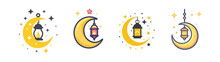 Decorative Moon, Stars And Hanging Lantern Lamp Collection Icon. Flat Design Set For Ramadan Kareem Or Eid Mubarak Poster Greeting Card Element. Celebration Muslim Islamic Feast. Vector Illustration