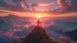 © MAY - Convey the peaceful solitude of a mountaintop at sunset, where skies blaze with colors above the clouds
