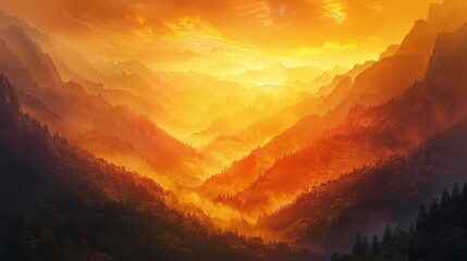 Wall Mural - Depict a peaceful mountain sunset, where the day ends with a golden hue, casting shadows and peace