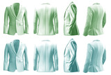 Fototapeta  - 2 Set of pastel green turquoise blue, front back side view, business collar suit blazer jacket coat on transparent background cutout, PNG file. Mockup template for artwork graphic design